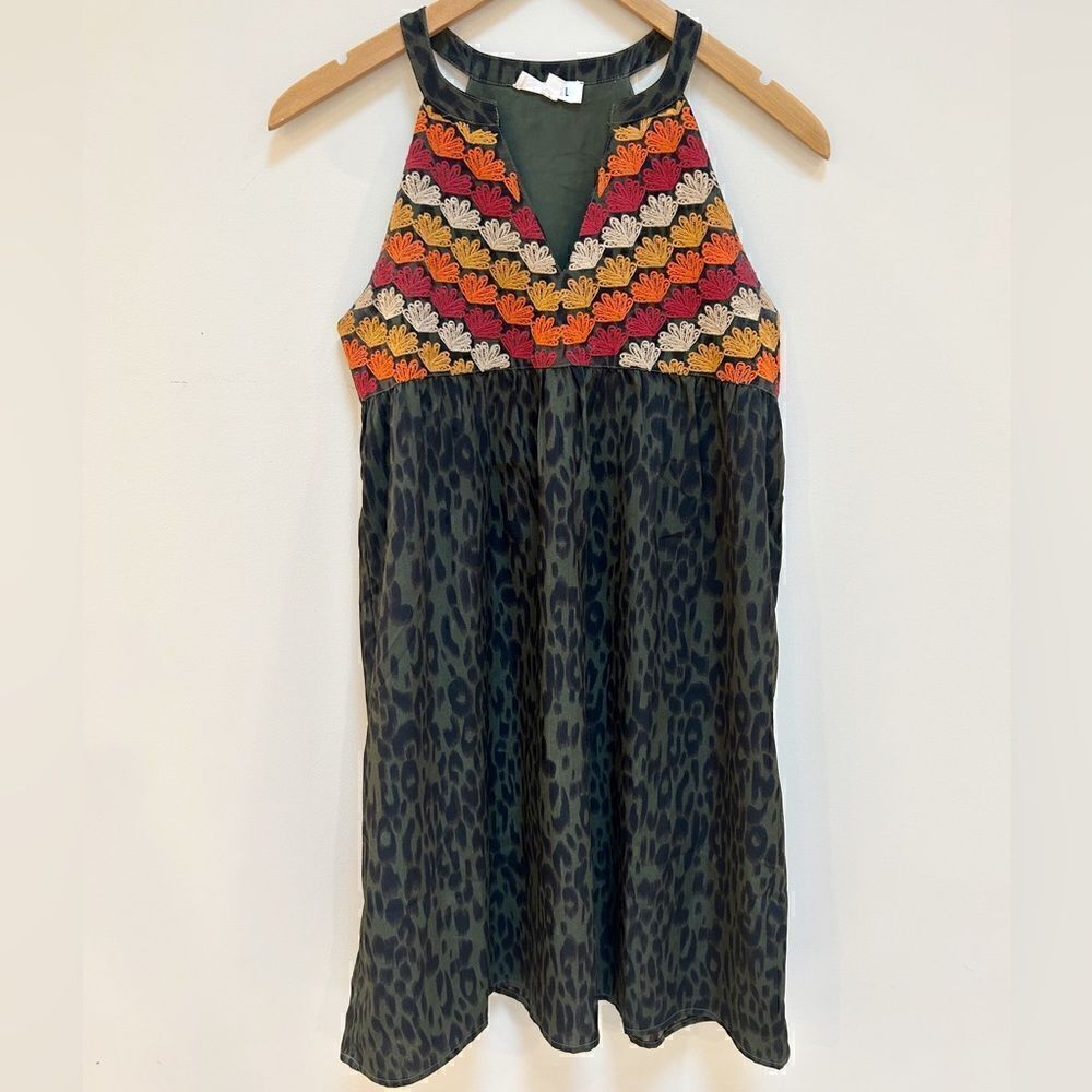 THML Dark Green Animal Print Embroidered Dress